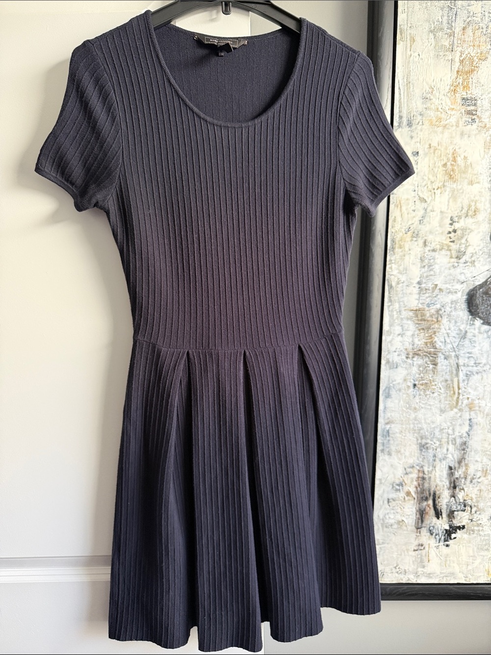 Short Sleeve Ribbed Fit-and-Flare Dress - Navy